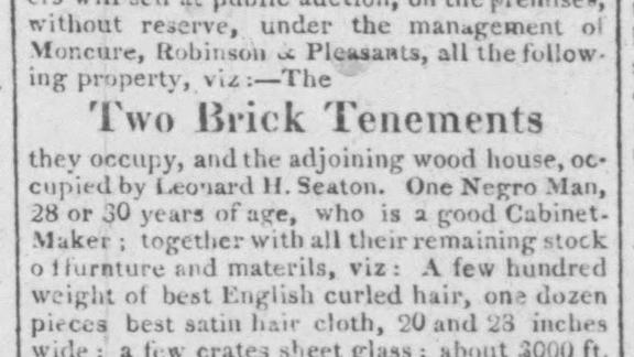 Sale at Auction: Enslaved cabinetmaker with all the subscribers remaining stock of furniture and materials. Stock includes St. Domingo Mahogany etc.