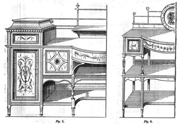 Details of a mahogany sideboard and dinner wagon 