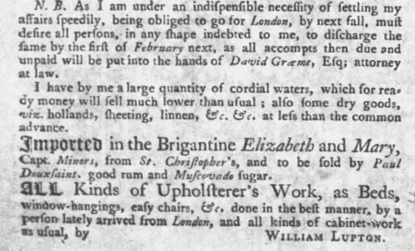 Lupton's advertisment detailing his imminent departure to London 1751